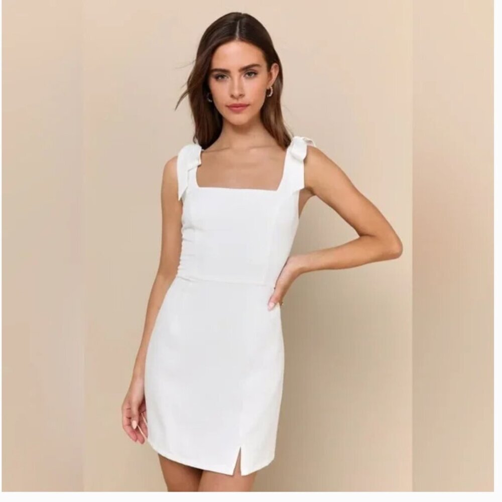 Lulus Your Sweetie Tie Strap Mini Dress Medium White Square Neck Bridal Coquette